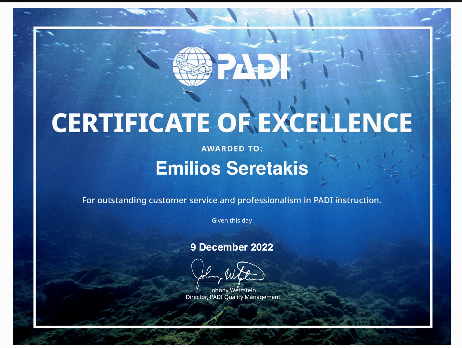 PADI certificate of excellence 2022