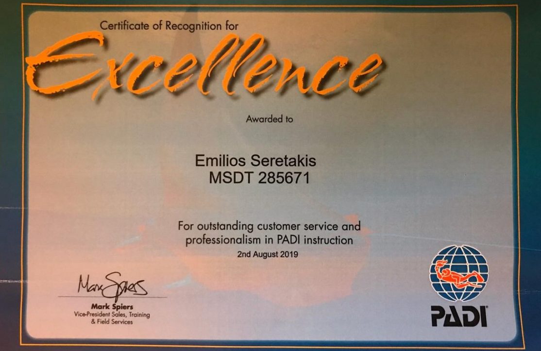 Certificate of Excellence awarded to Emilios Seretakis (MSDT 285671) by PADI for outstanding customer service and professionalism in scuba diving instruction – 29 August 2019. Dive Greece.
